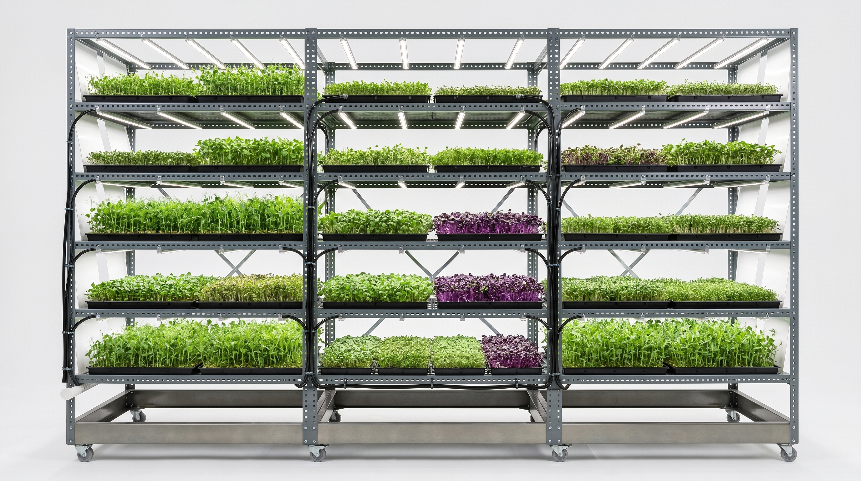 BG1 growing racks loaded with multiple microgreen varieties